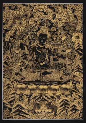 Hand-Painted Black and Gold Manjushri Thangka | Bodhisattva Of Wisdom | Asian Arts